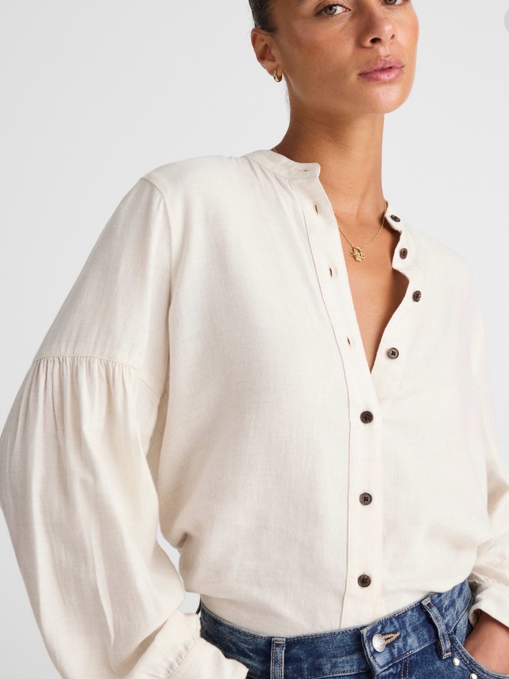 Madewell Stand Collar Button-Up Shirt Ivory Melange Balloon Sleeve XXS